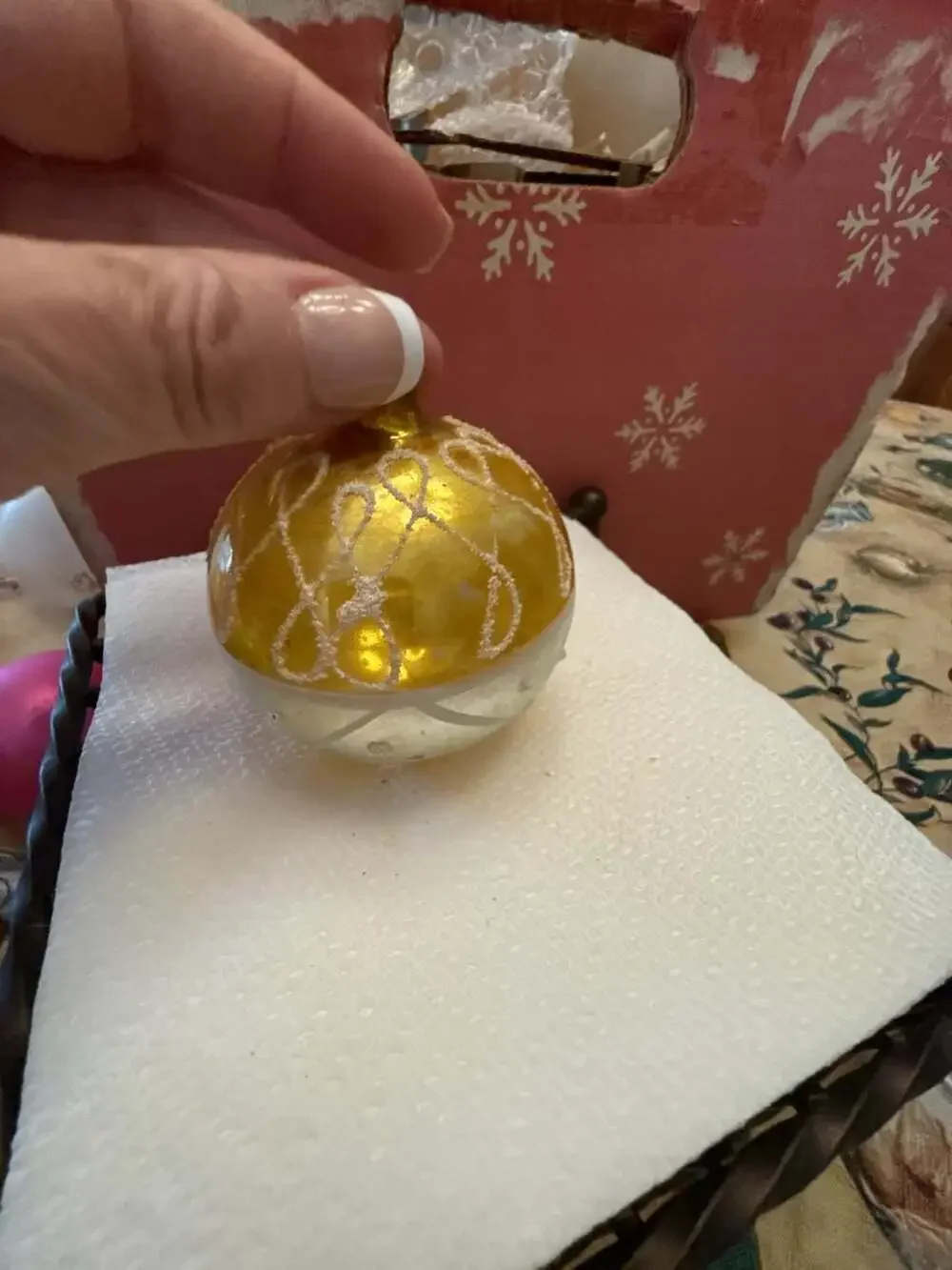 Vtg West Germany Mercury Glass Ornament Yellow Gold Glitter Swirl
